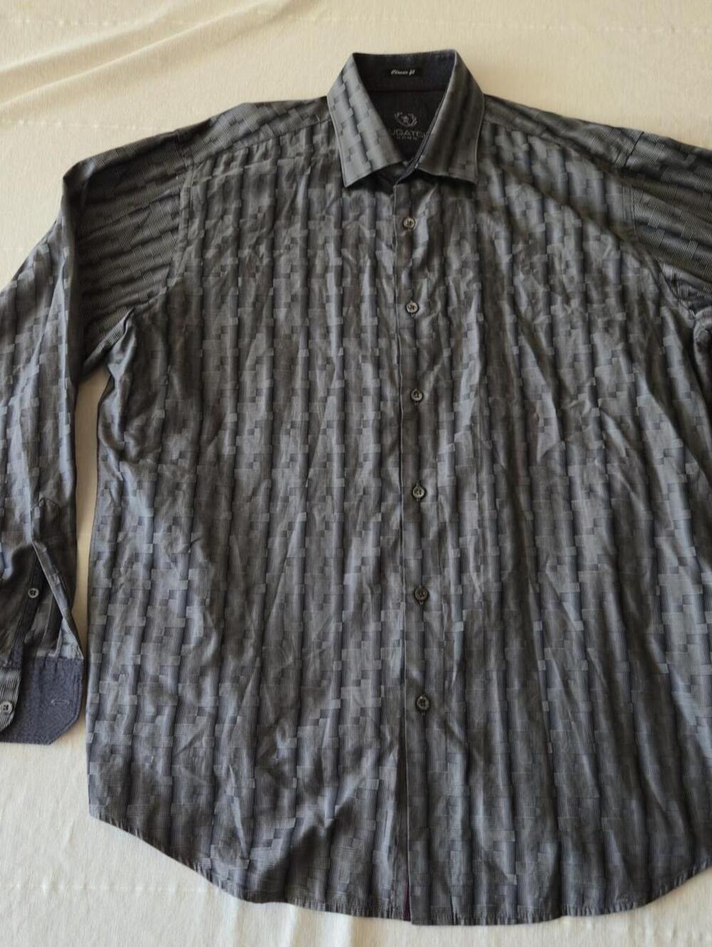 Bugatchi Uomo Classic Fit Men's Dress Shirt Black Gray LARGE